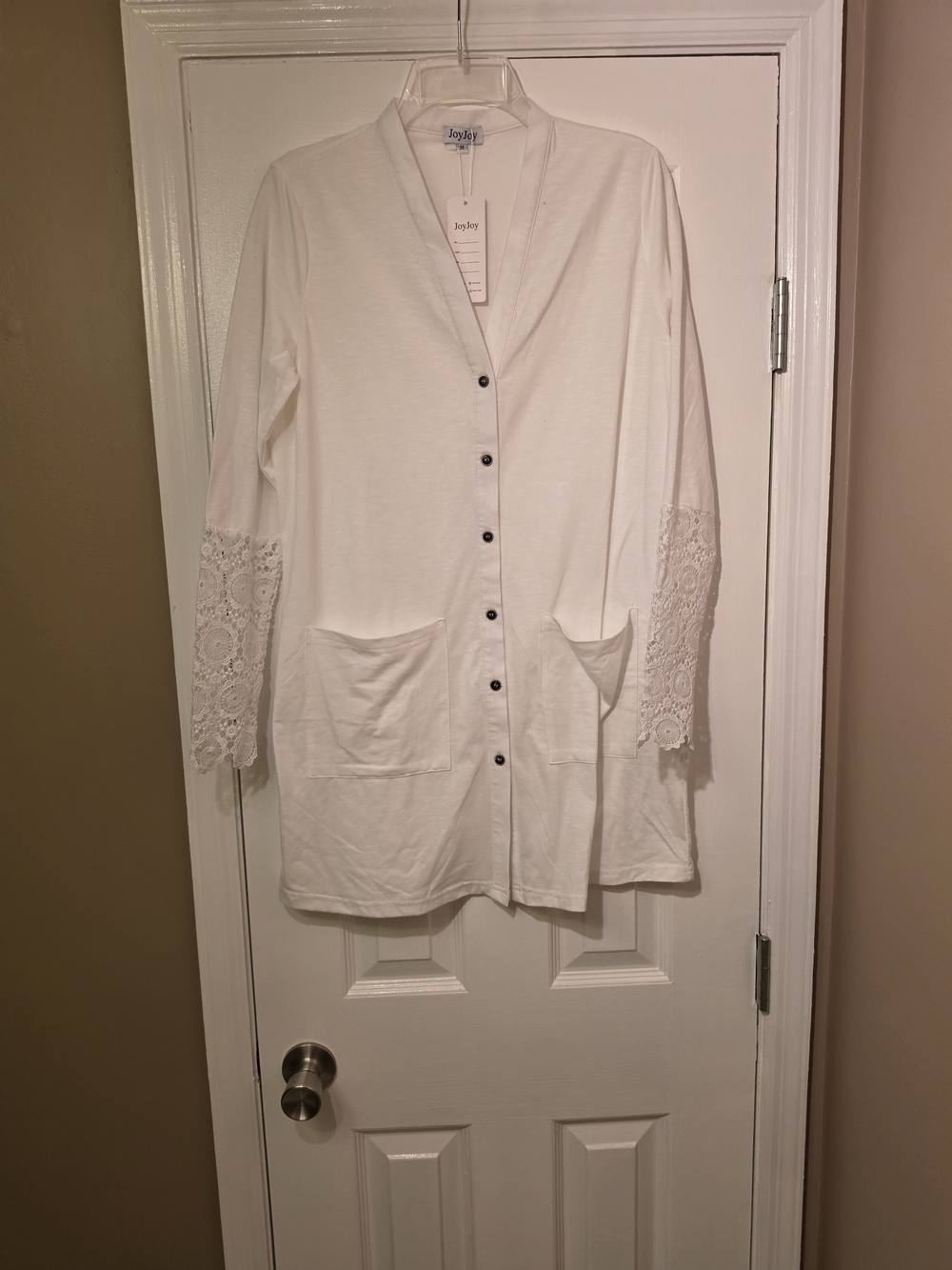 Joy Joy White Long Lace-Sleeve Cardigan